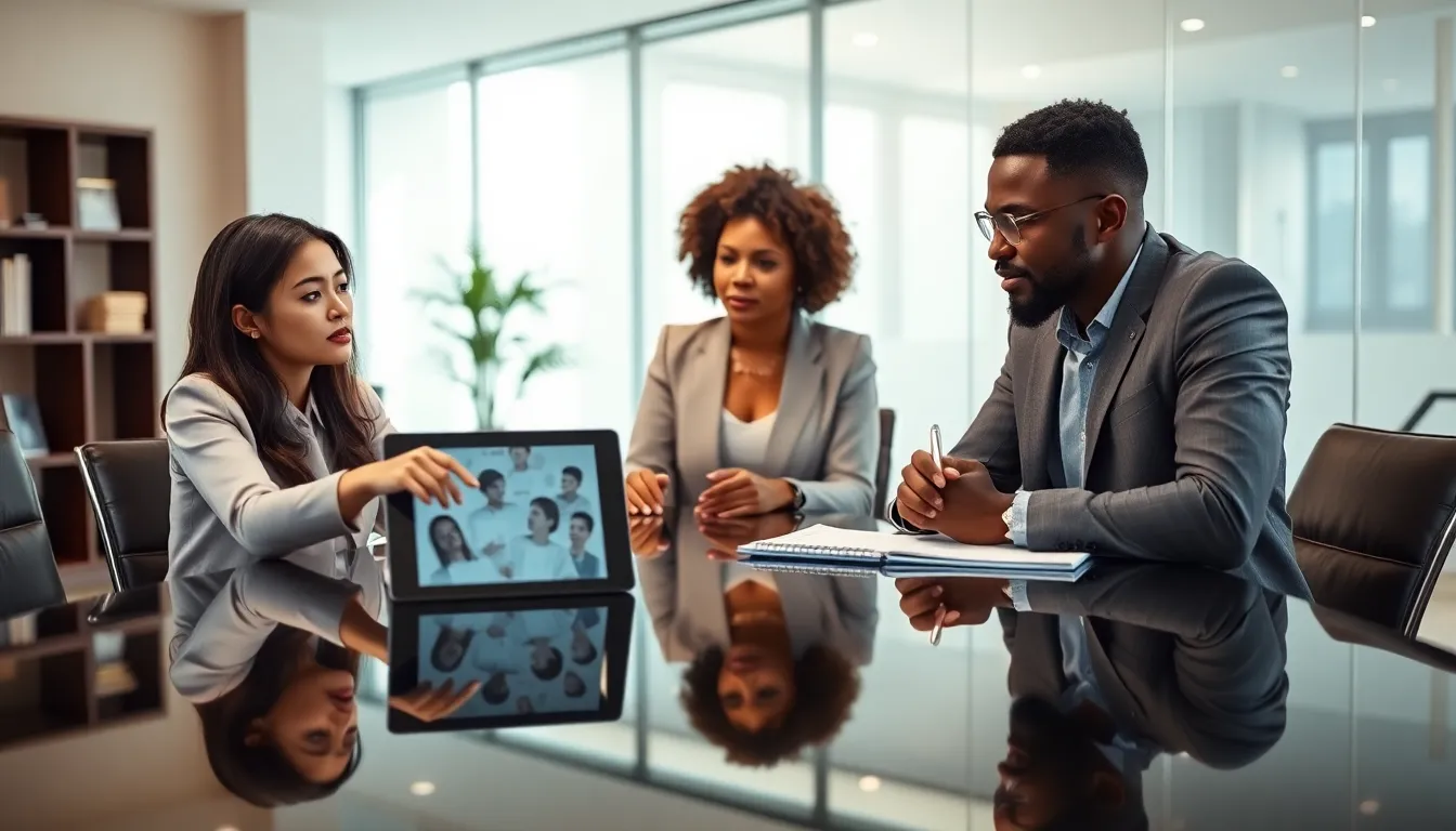 professionals discussing digital privacy in a modern office.
