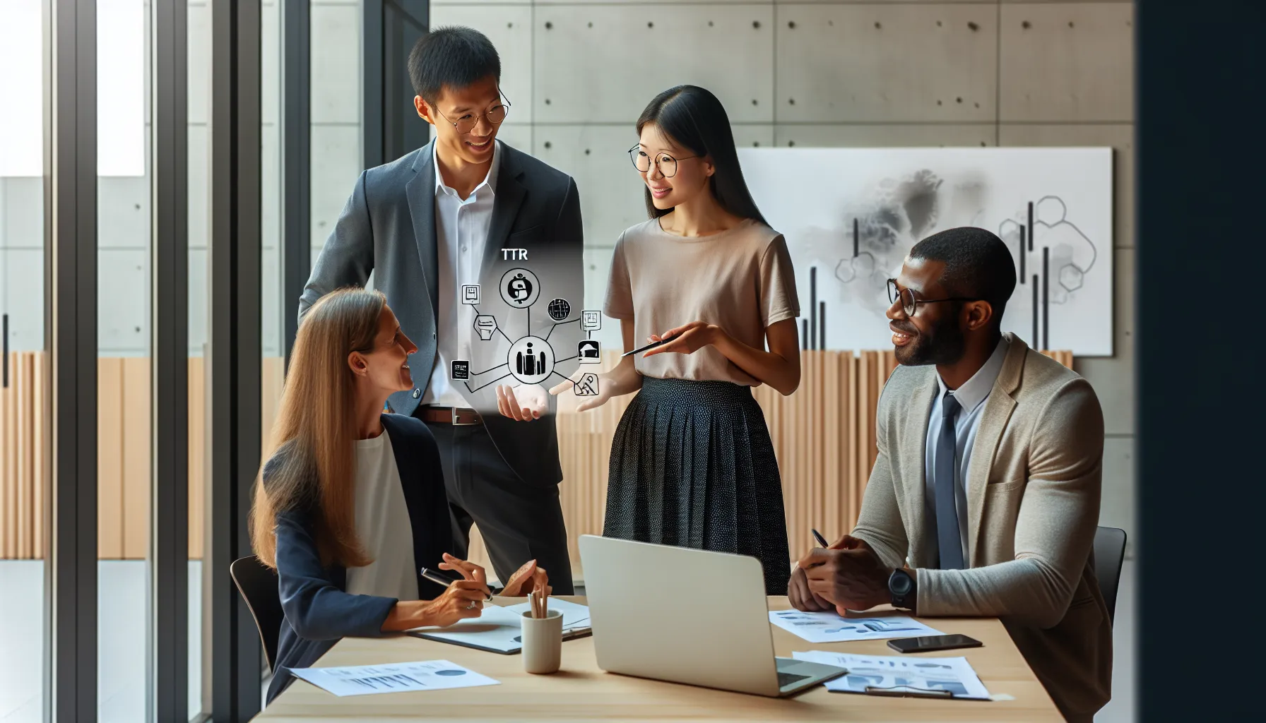 diverse team discussing TTR concepts in a modern office.