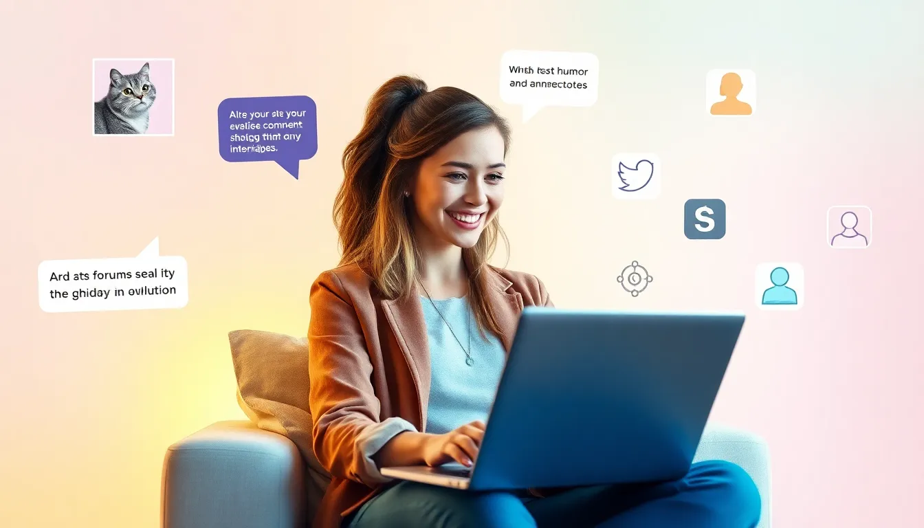 woman engaging with online communities in a cozy setting.