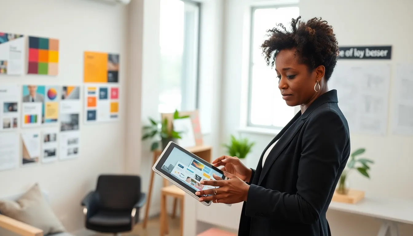 designer analyzing design concepts in a modern workspace.