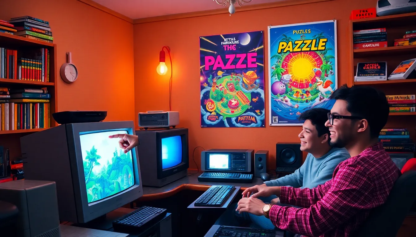 a diverse group of young adults playing classic games in a retro game studio.