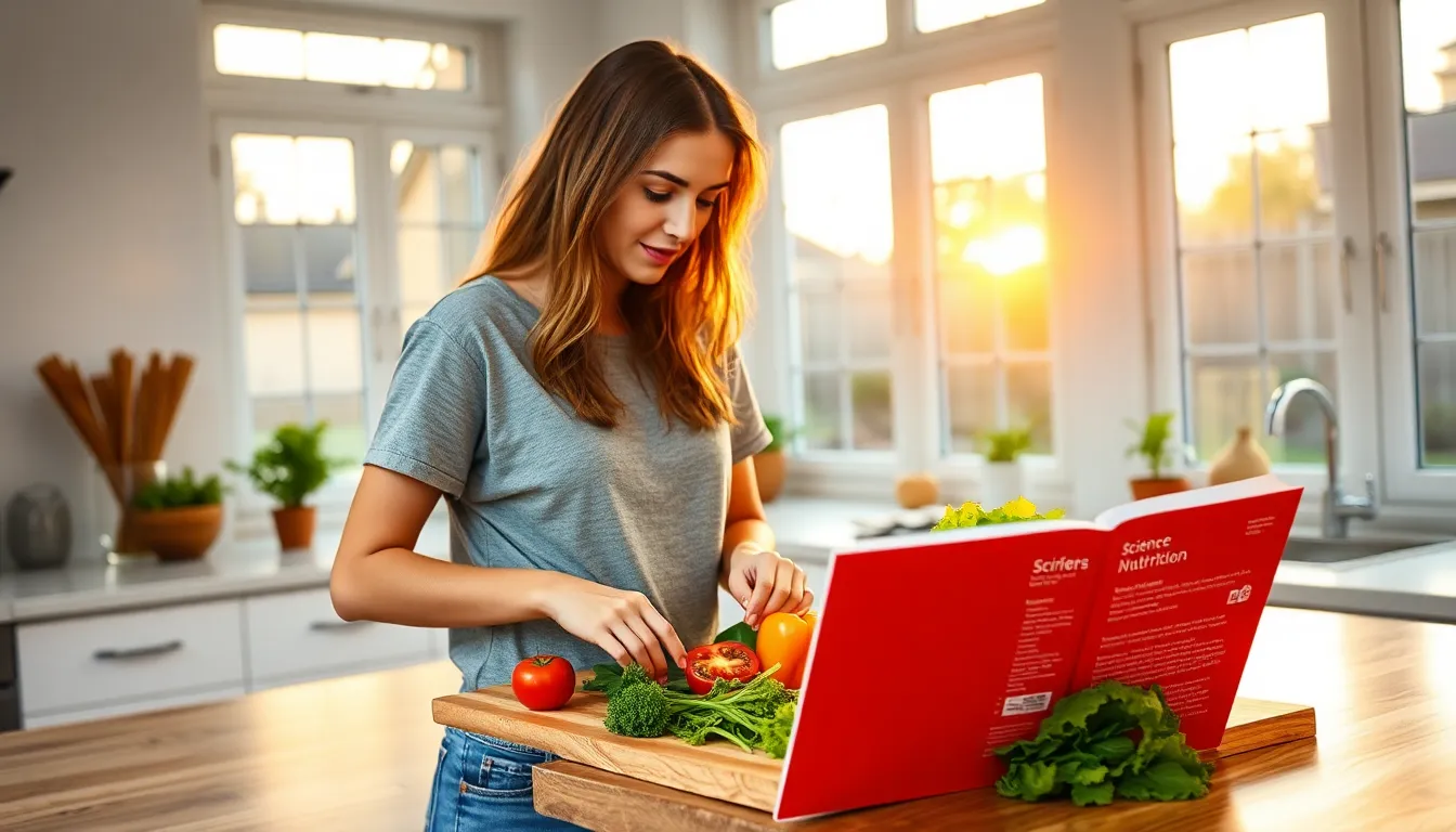 A woman cooking in a sunny kitchen inspired by nutritional science.