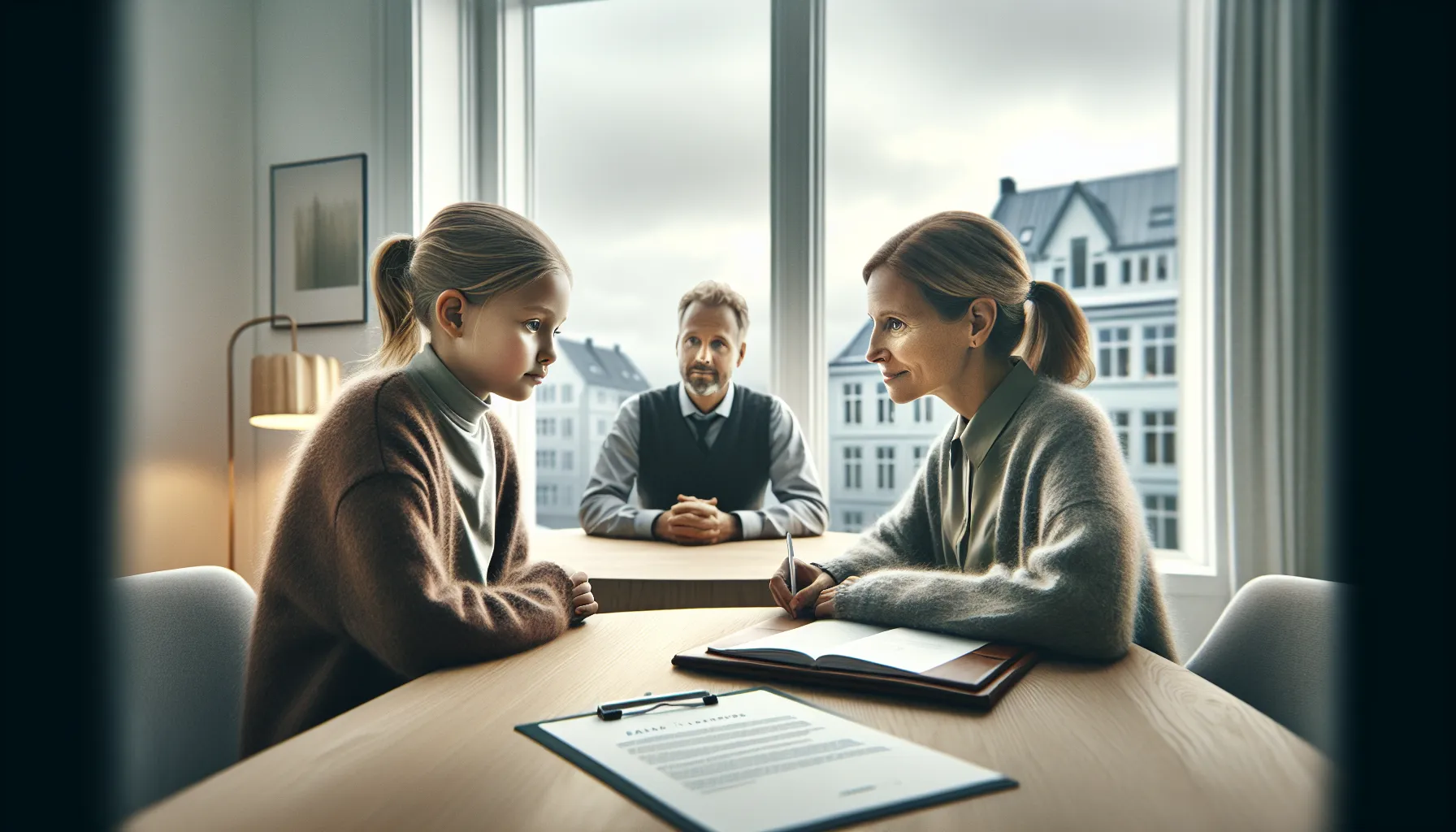 Slik lager du en samværsavtale for barn: viktige juridiske punkter 3 Norwegian child speaking with parents and counselor about custody and visitation rights.