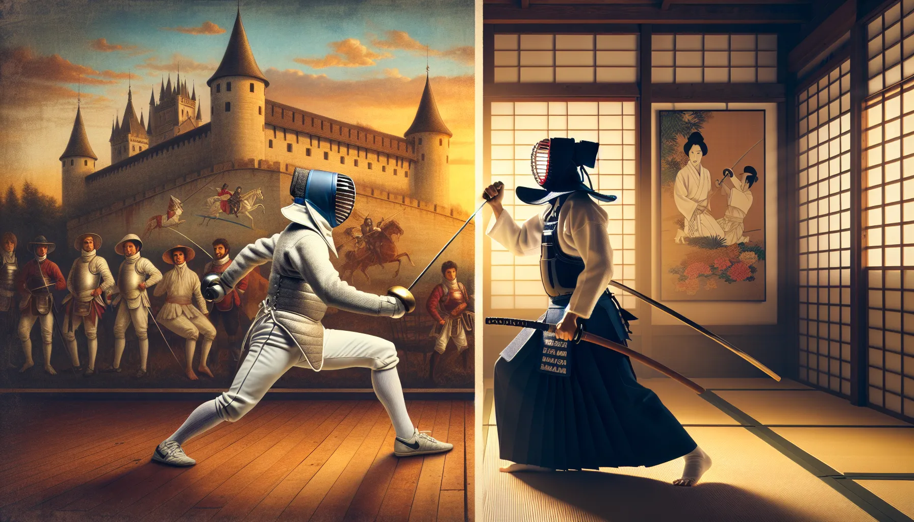 A fencer and Kendo practitioner demonstrate their techniques in dedicated cultural settings.