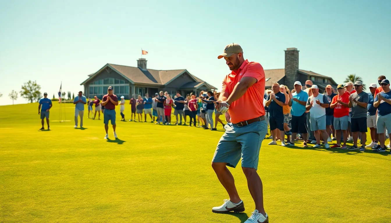 an NFL kicker preparing to swing a golf club on a sunny golf course.