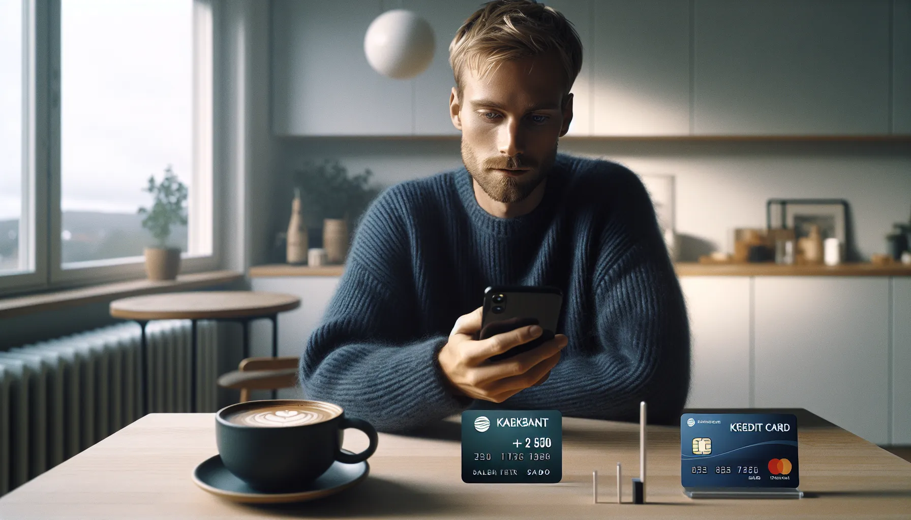 Norwegian man checking a credit card app showing a positive balance on screen.