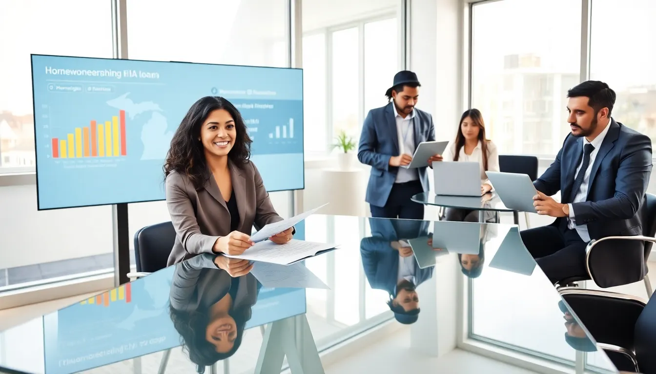 diverse professionals discussing FHA loans in a modern office