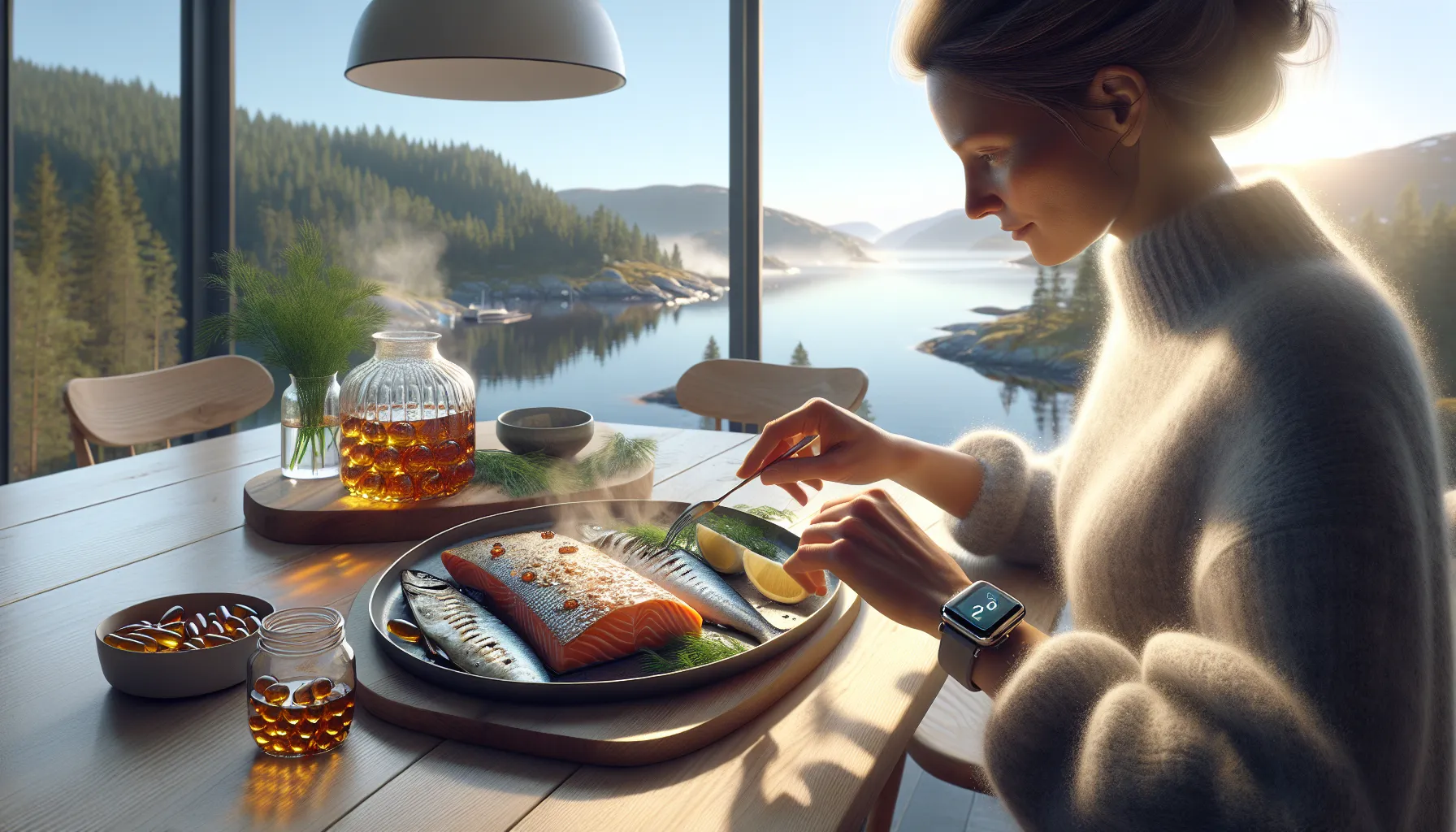 Norwegian salmon with omega-3 capsules and steady ecg on a smartwatch.