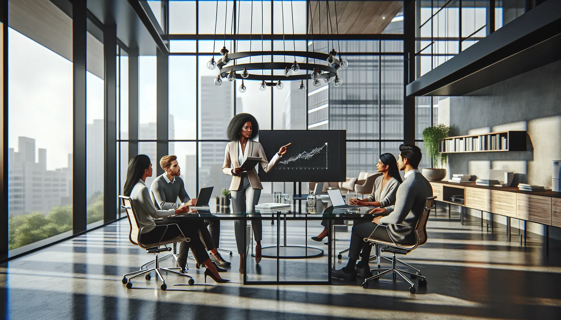 diverse professionals collaborating in a modern office on key principles.