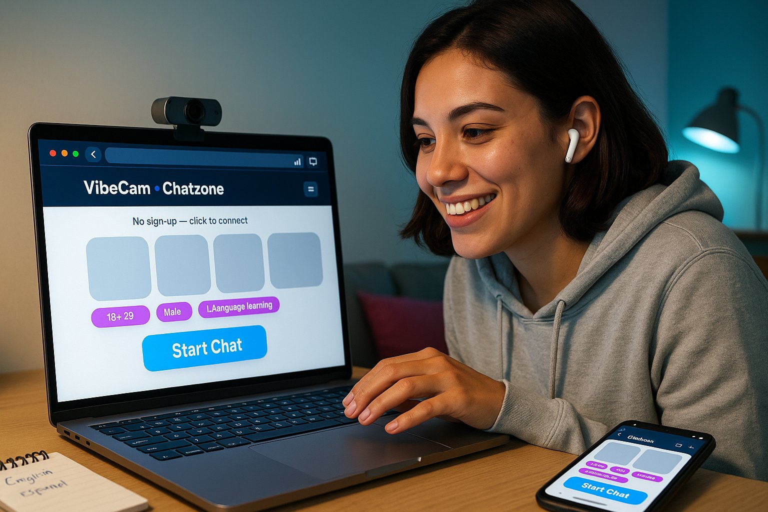 User smiling at laptop with Chatzone VibeCam interface visible.
