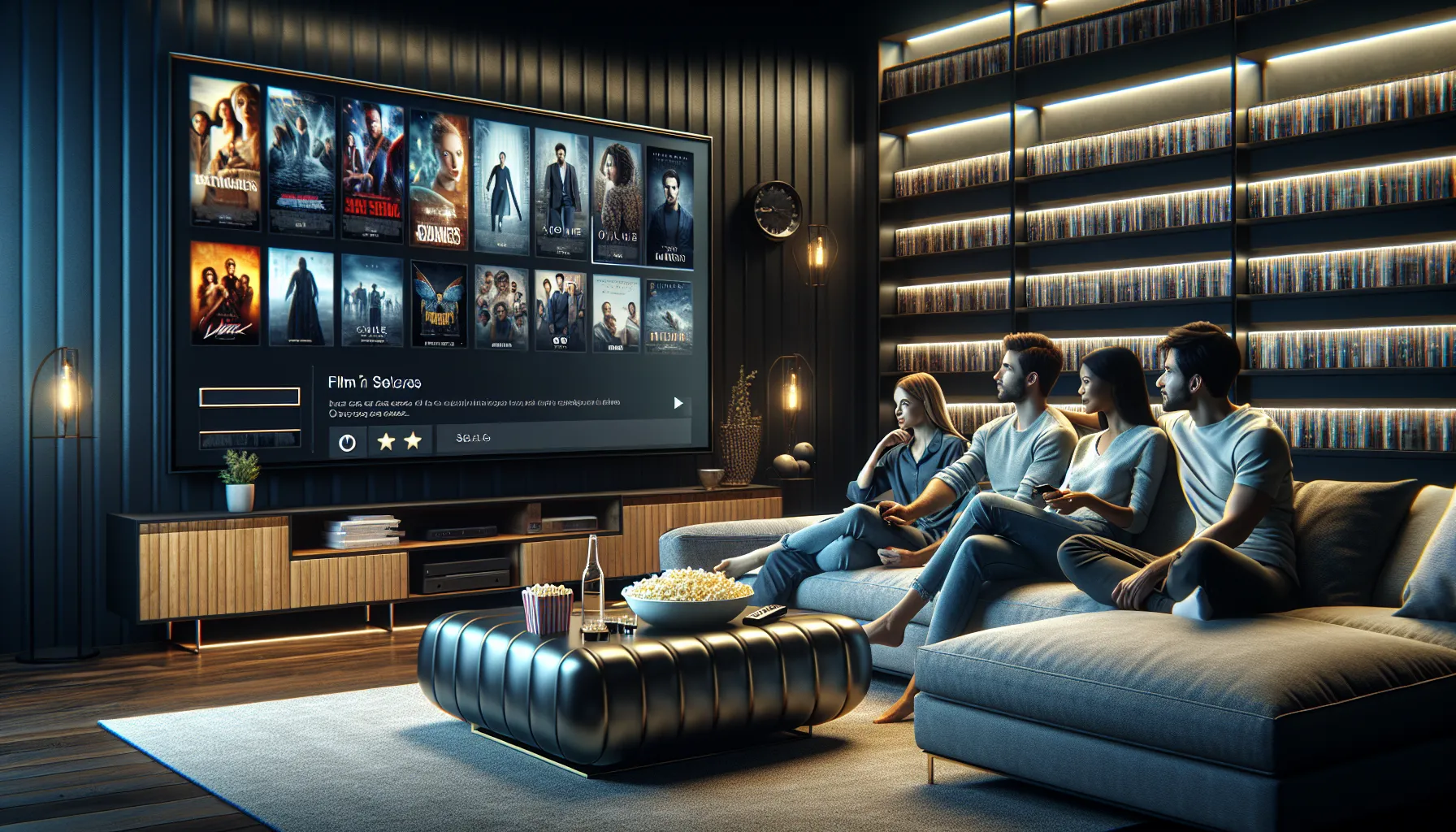 diverse group enjoying movies in a modern living room.