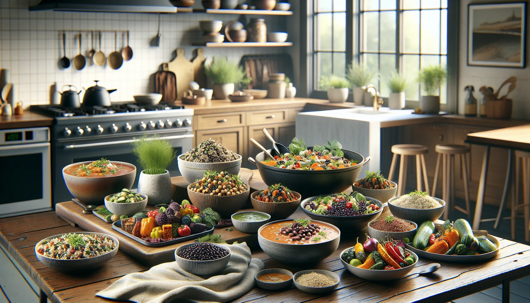 Colorful and healthy dishes of quinoa salad, chickpea stew, and roasted vegetables.