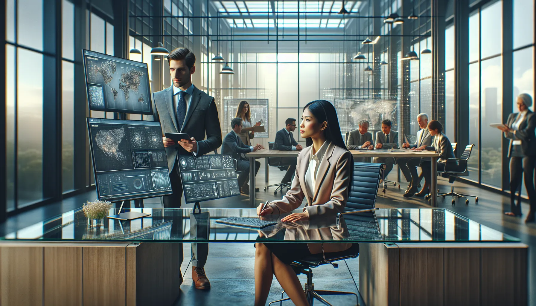 diverse professionals in a modern office discussing data management.