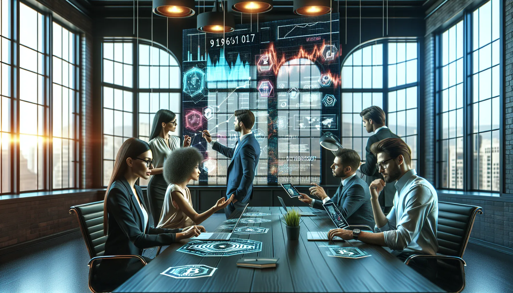 diverse team collaborating in a modern office on future trends.