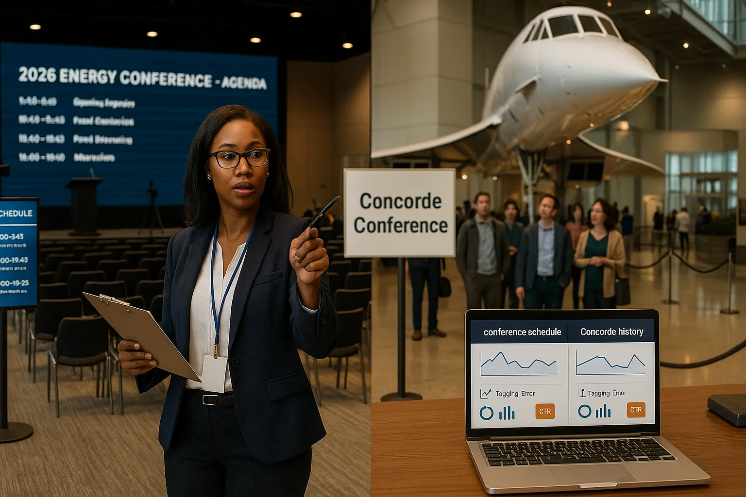 Event manager pointing at a conference setup beside a Concorde museum exhibit.