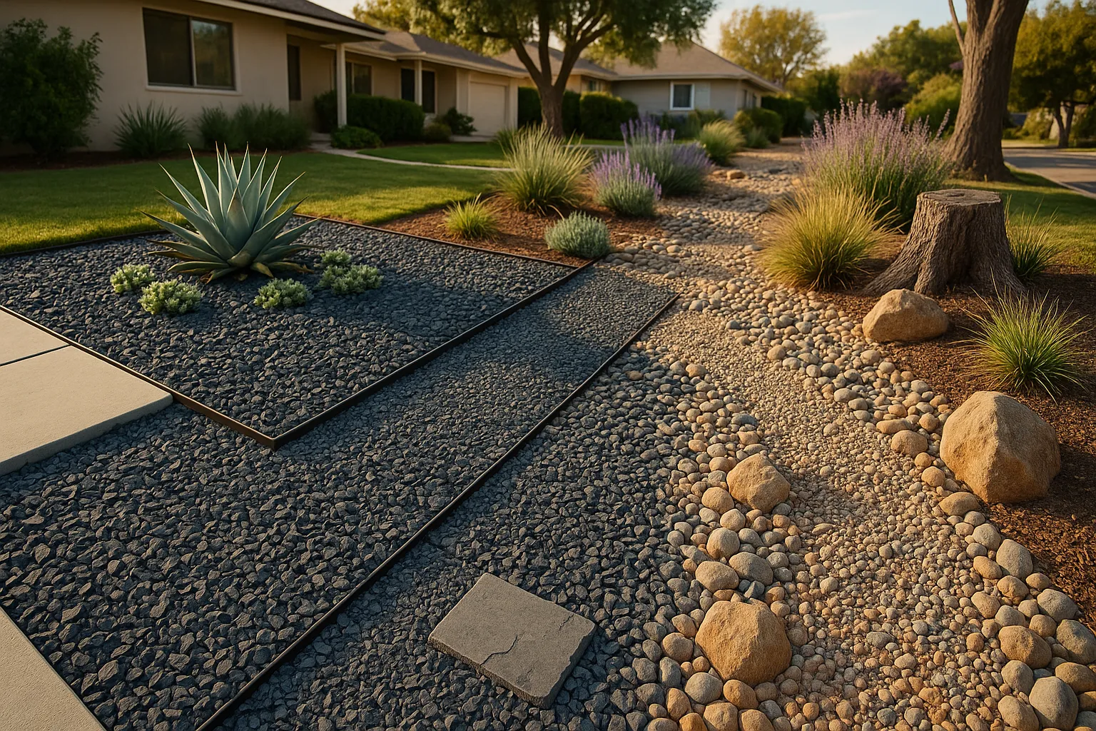 Split garden showing dark slate border with succulents and lighter gravel with native plants.