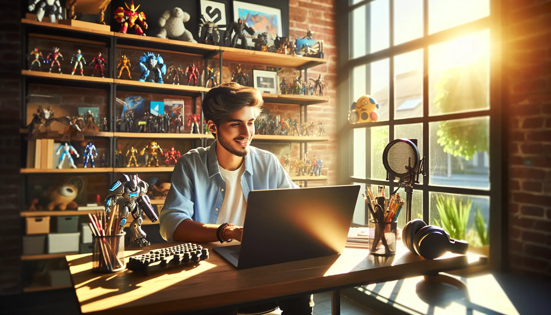 young content creator in a modern home office setting.