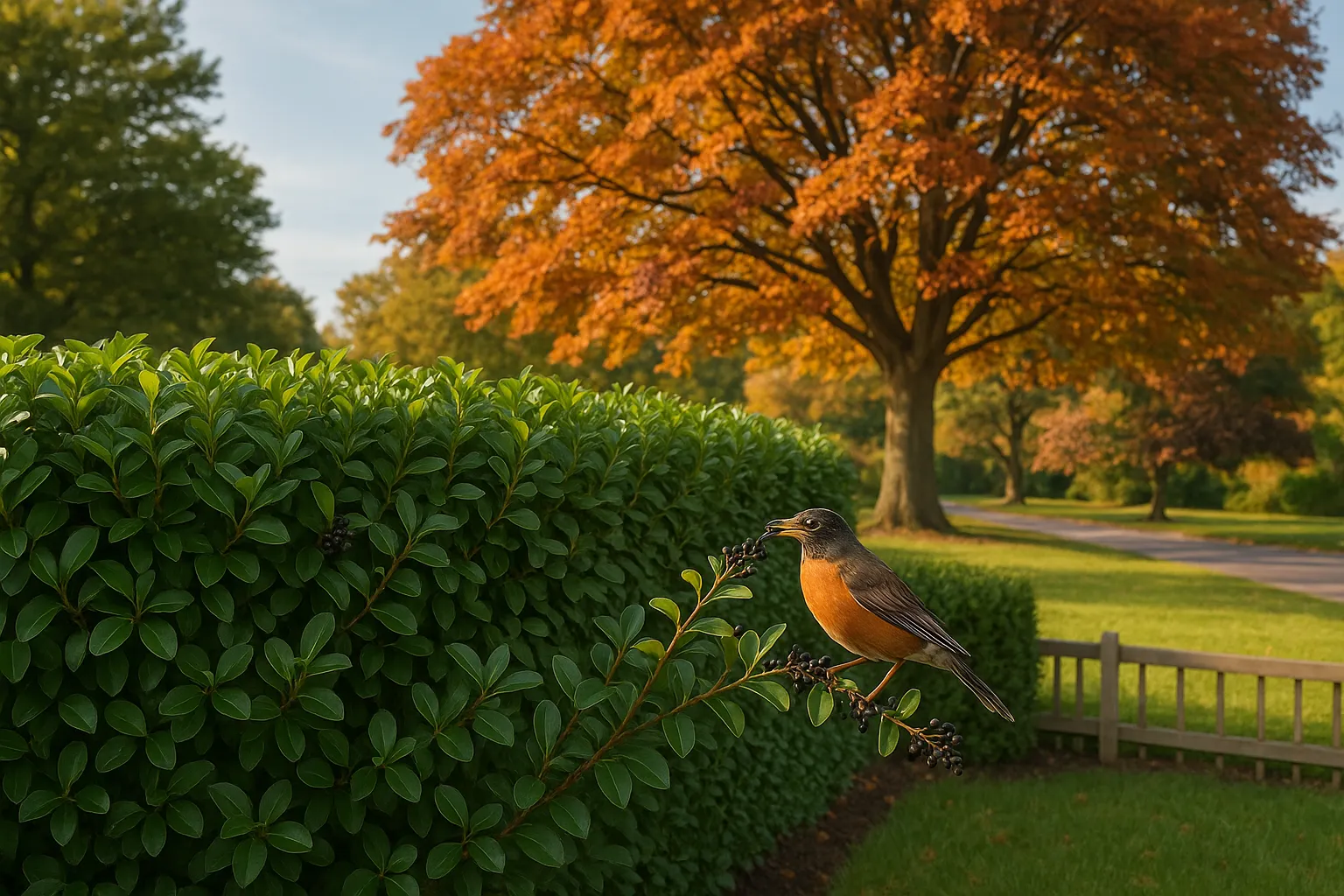 Privet hedge with berries in front of a tall beech tree with copper leaves.