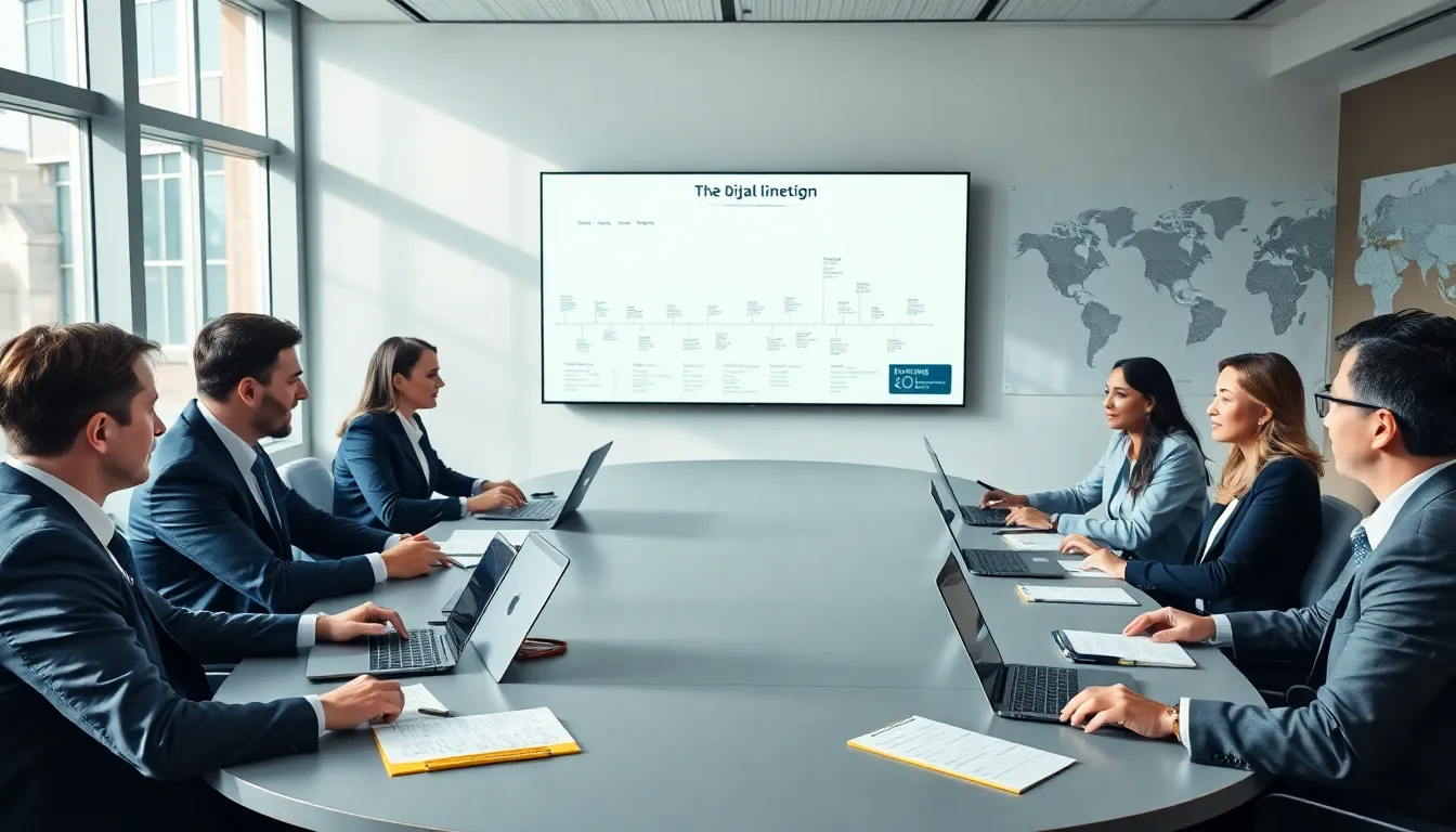 linguists discussing linguistic origins in a modern seminar room.
