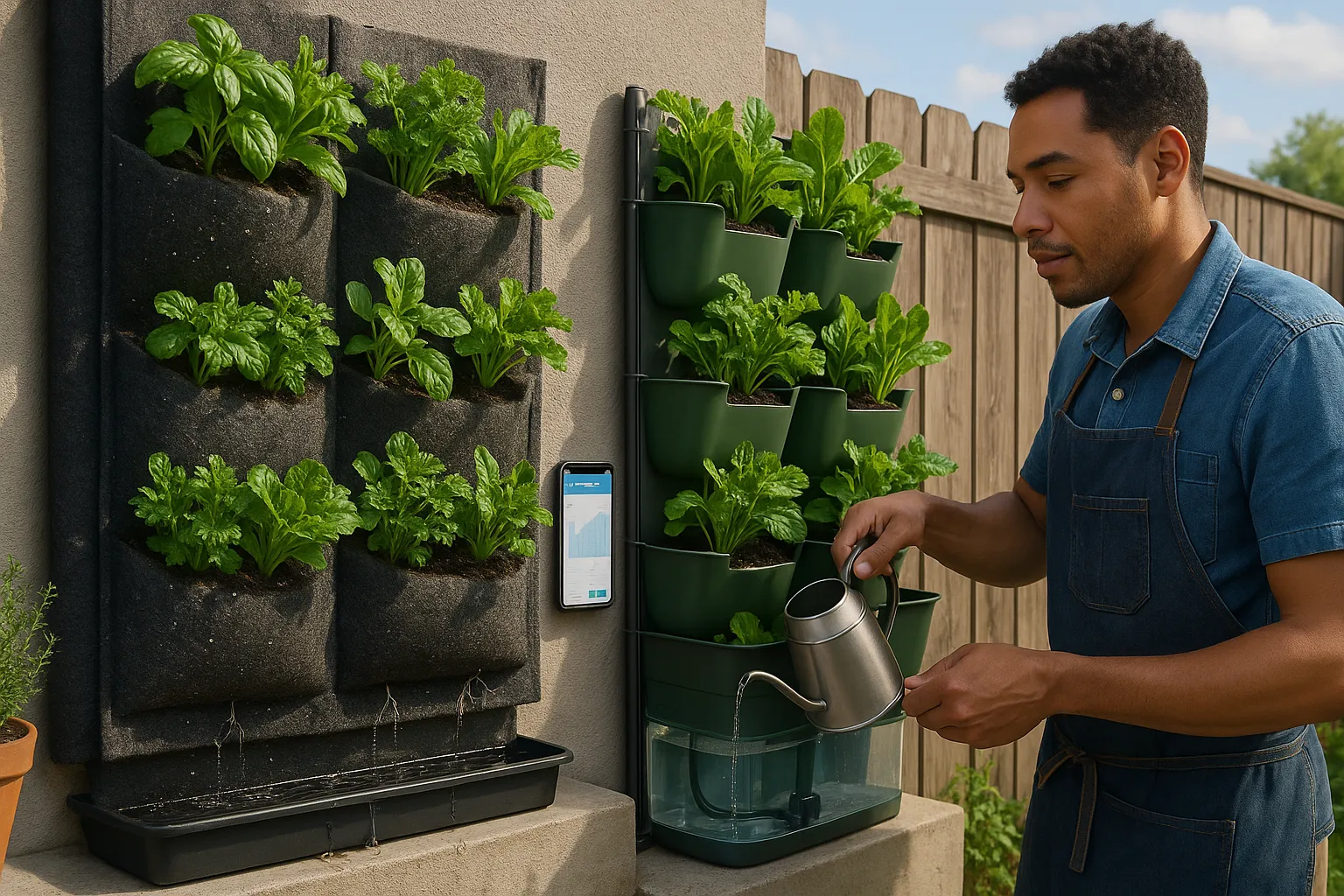 Side-by-side fabric pocket and plastic vertical garden systems in a backyard.