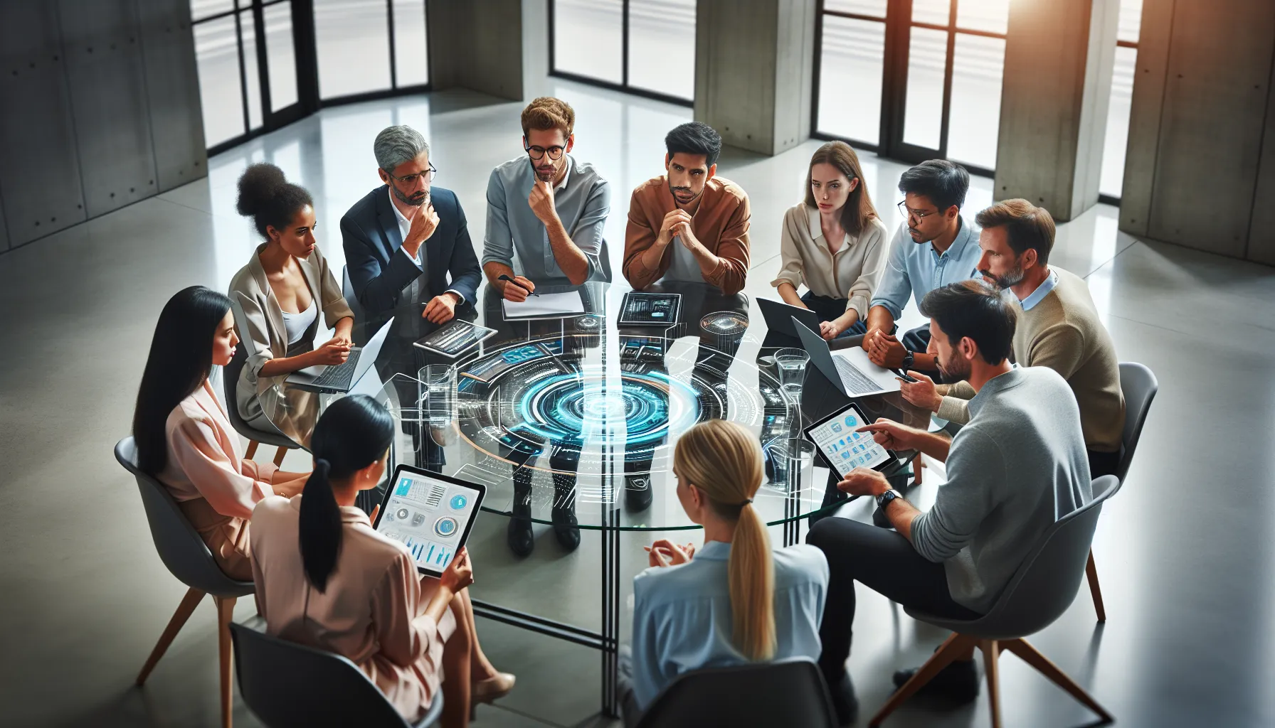 diverse professionals discussing technology ethics in a modern conference room.