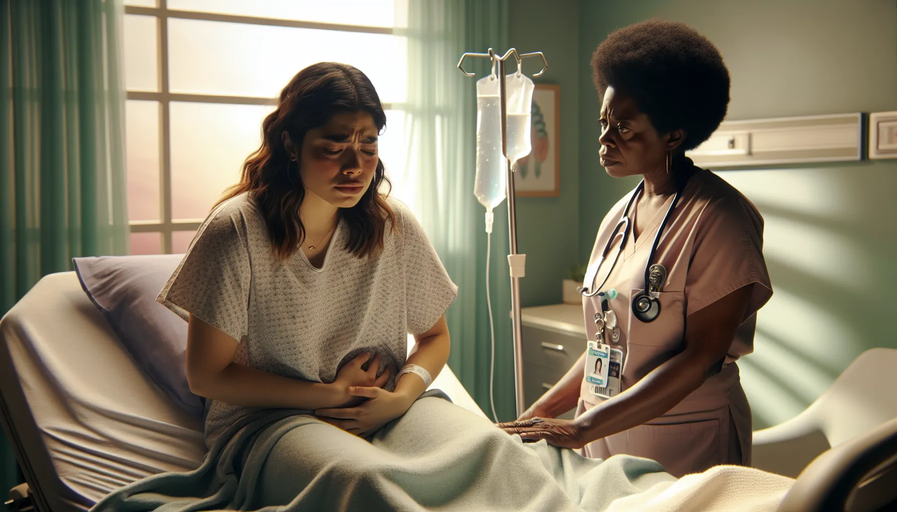 A woman in a hospital bed experiences pain from kidney stones.