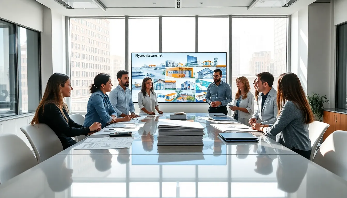 diverse architects collaborating in a modern workspace.