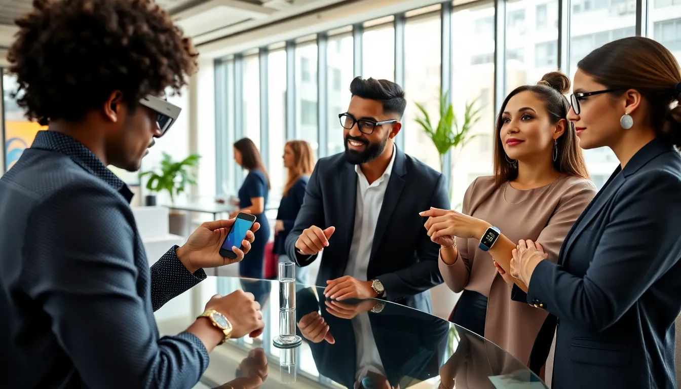 diverse team showcasing stylish visible wearables in a modern office.
