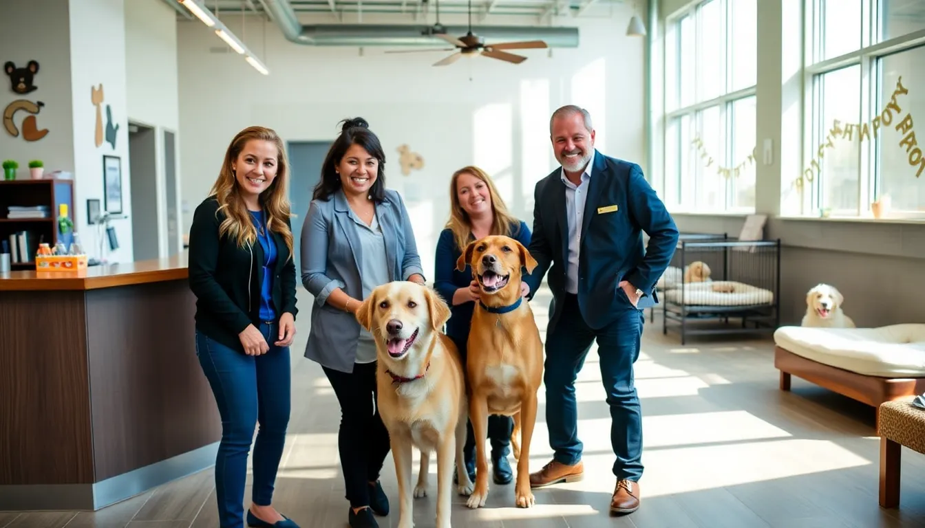 diverse pet care team interacting with dogs in a modern facility.