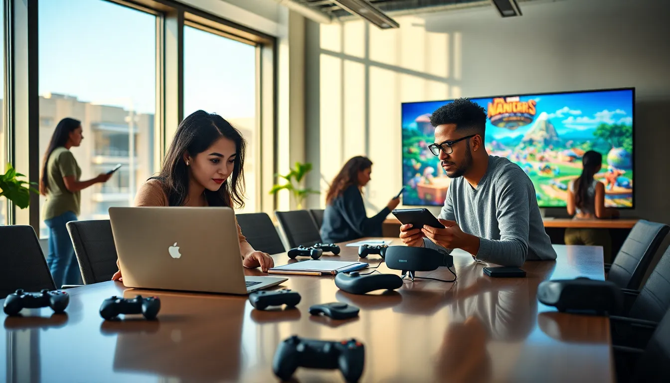 diverse group of gamers collaborating on Xbox Imagineergames in a modern workspace.