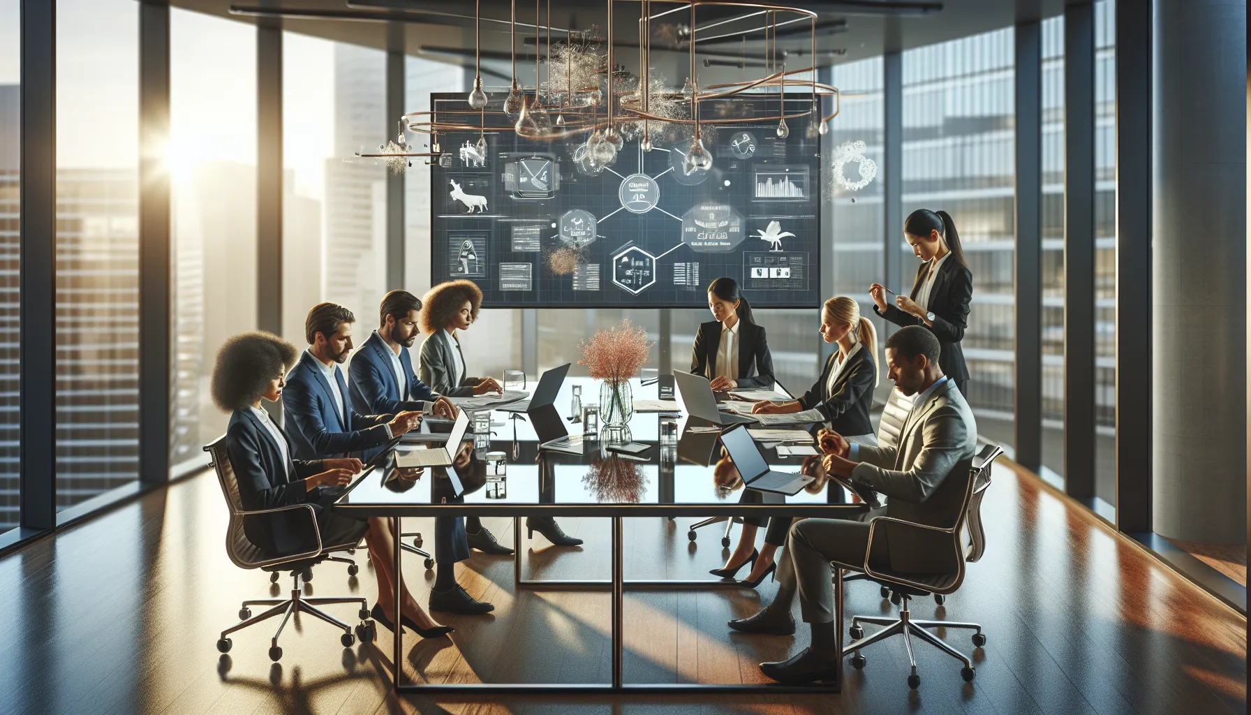 diverse team collaborating in a modern office setting with digital tools.