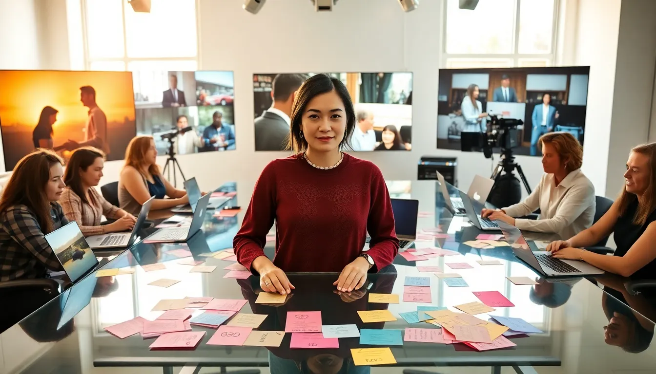 diverse filmmakers collaborating in a modern film studio.