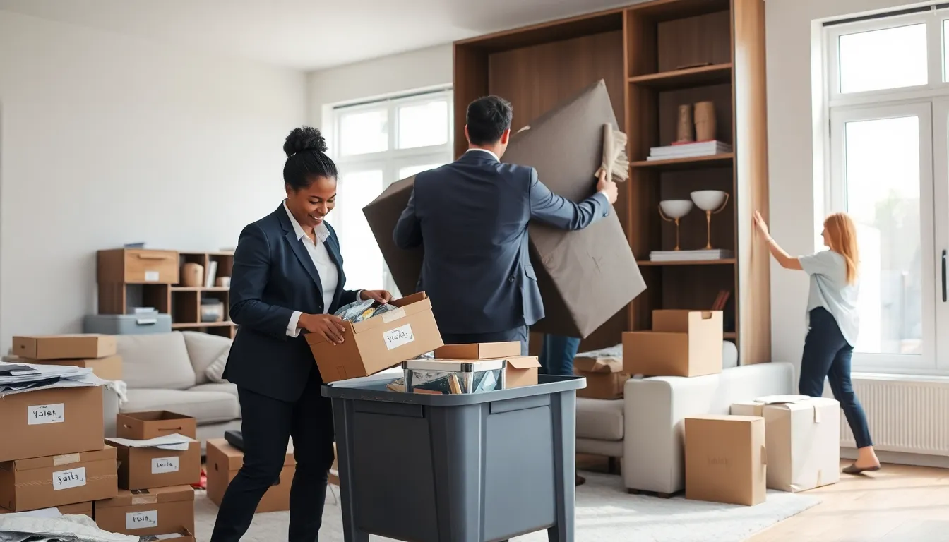 diverse team organizing a cluttered living room during a cleanout service.