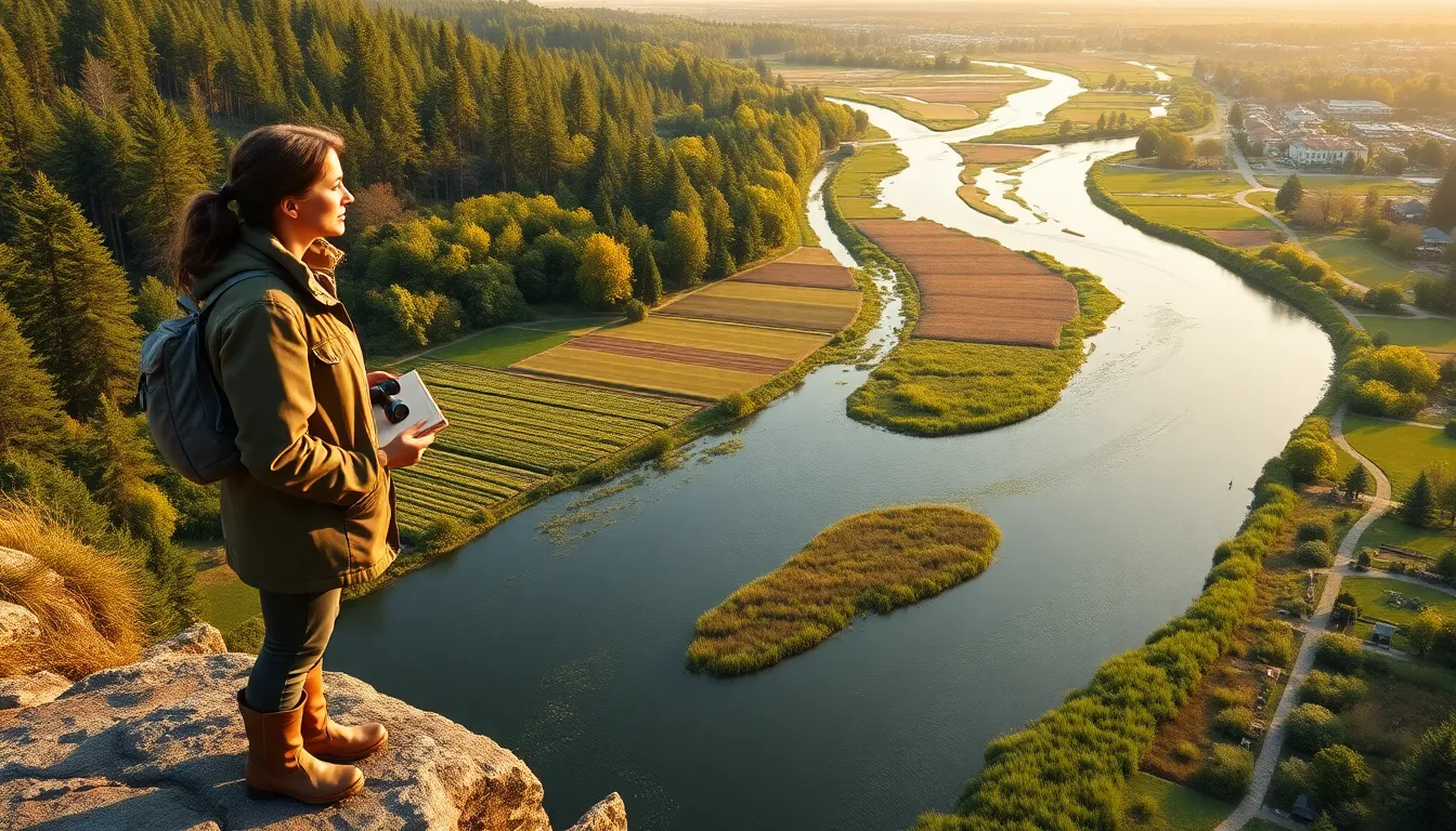 A scientist overlooks a river basin linking forest, farmland, wetlands, and estuary.
