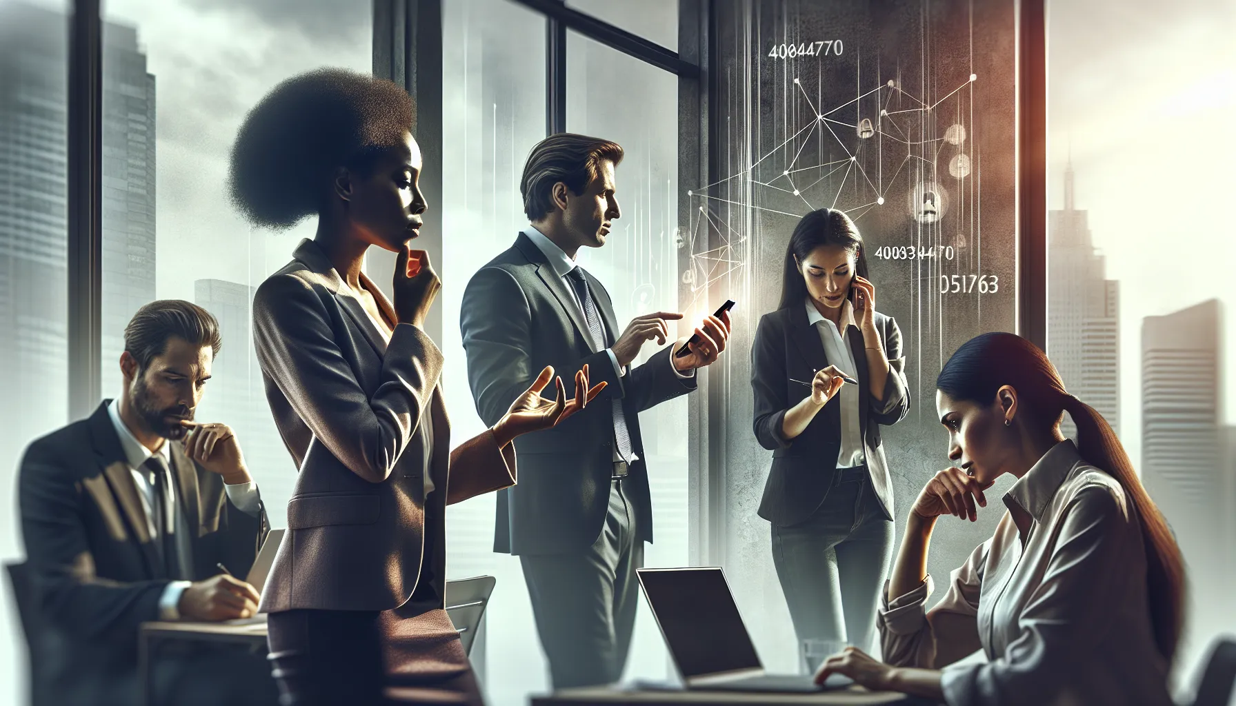 group discussing calls related to the number 4084304770 in an office.