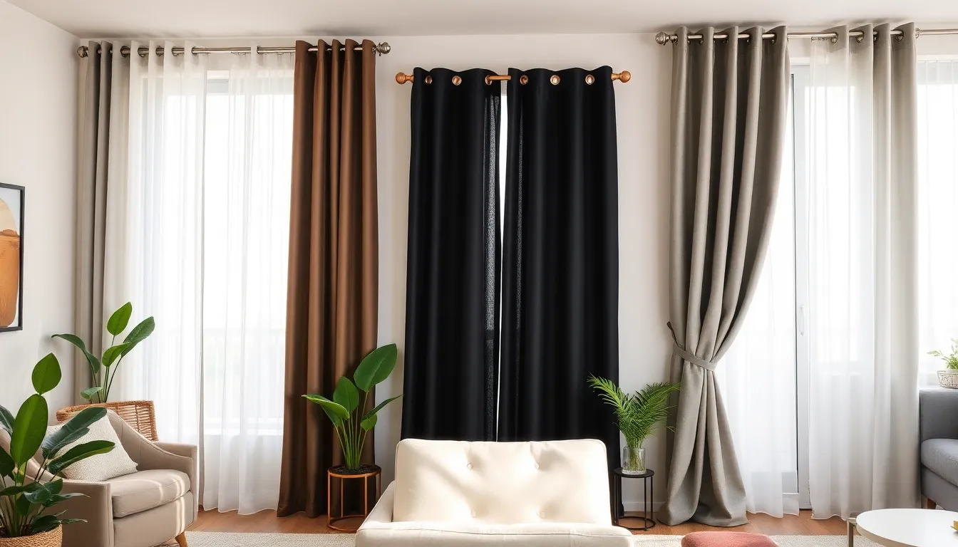 variety of curtain types displayed in a modern living room.
