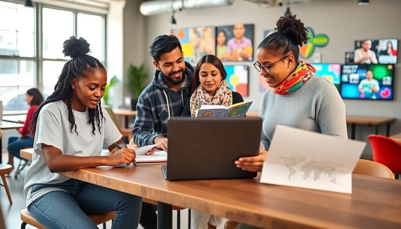 A diverse group of young creatives collaborating in a bright workspace.