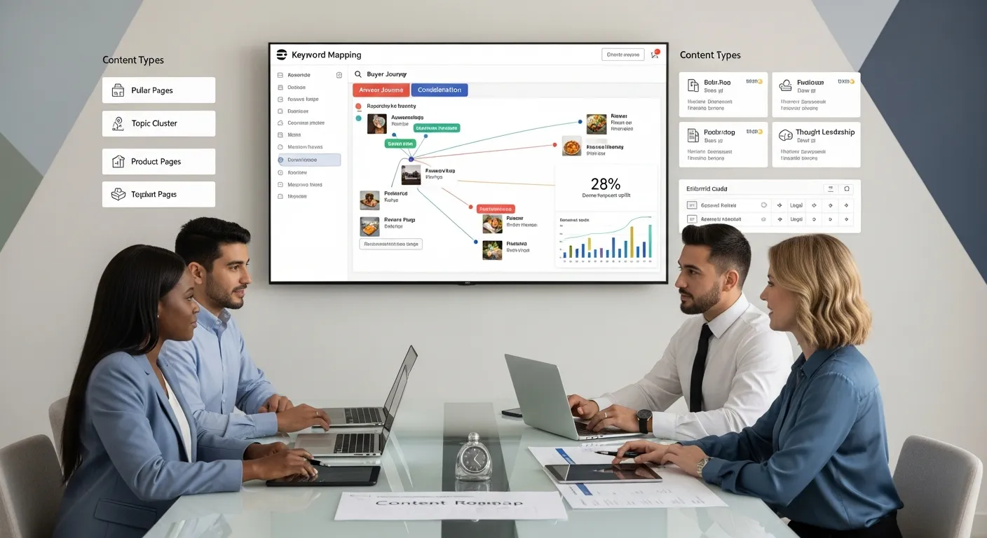 Diverse team planning SEO content strategy around a keyword-to-revenue dashboard.