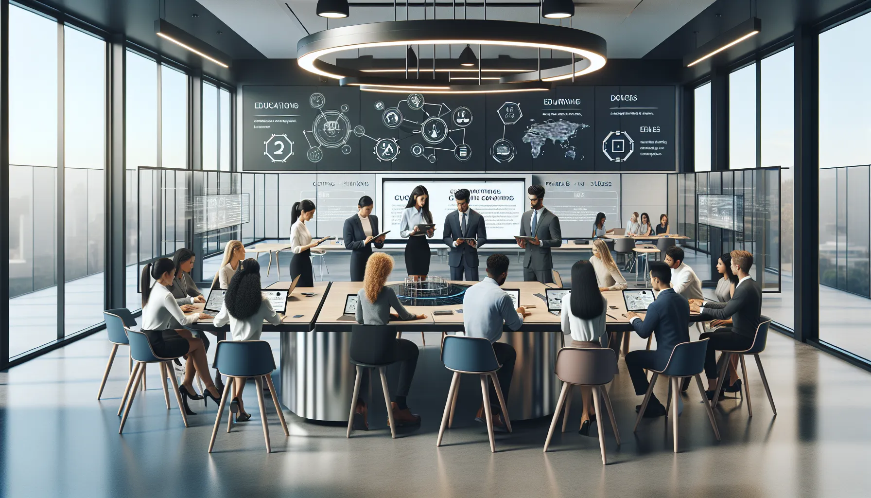 diverse educators and students collaborating in a modern classroom.