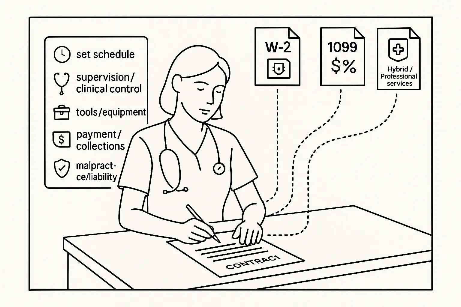 Nurse practitioner at desk reviewing W‑2, 1099, and hybrid contract icons with checklist of Arkansas Nurse Practitioner Contract Review.