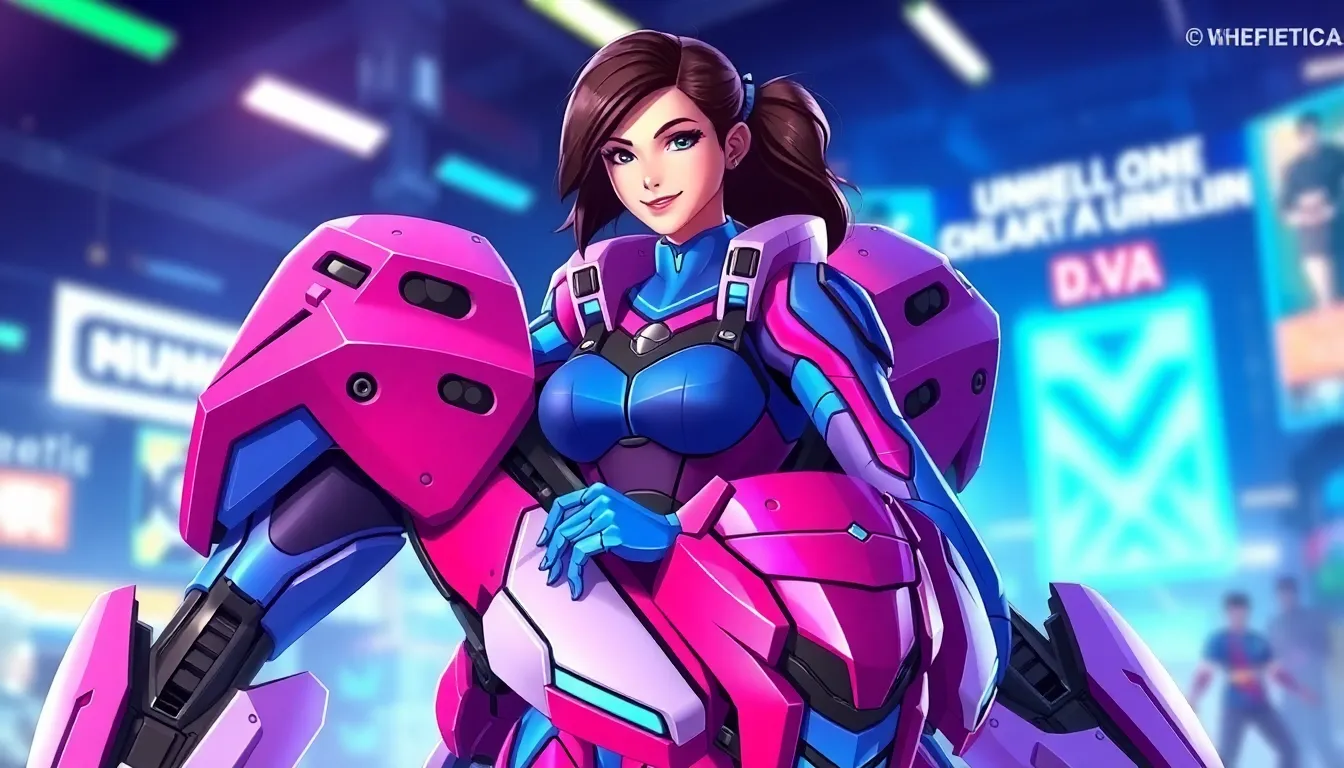 D.Va, the Overwatch character, confidently in her mech.