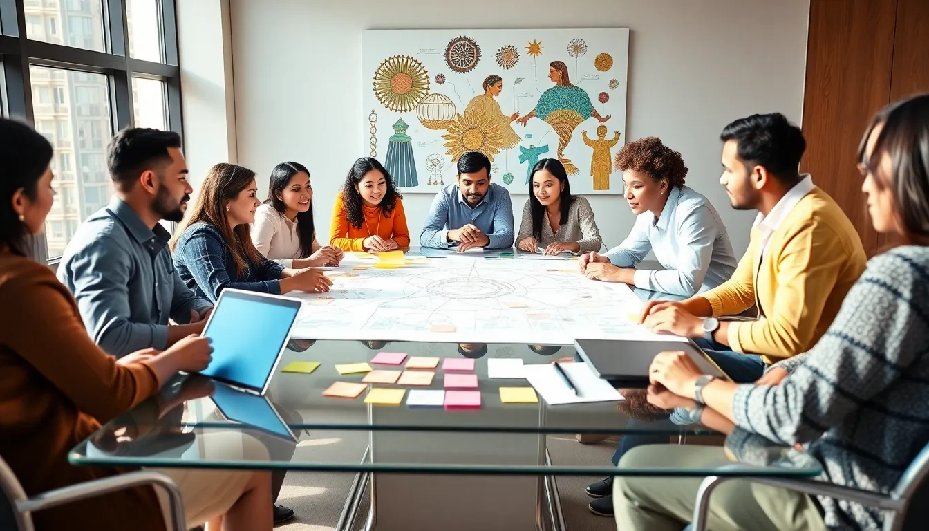 diverse professionals collaborating on cultural concepts in a modern office.
