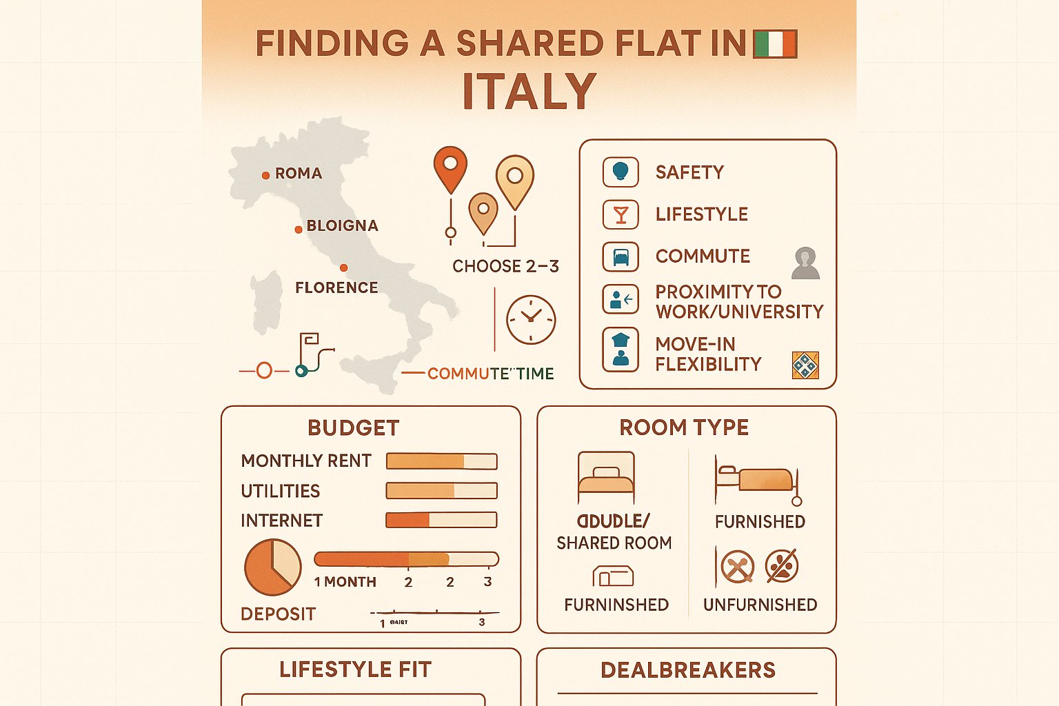 Infografica che mostra come scegliere un appartamento condiviso in Italia: mappa, budget, stanze, checklist.