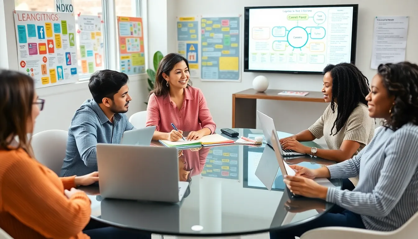 diverse group engaged in a language learning session in a modern setting.