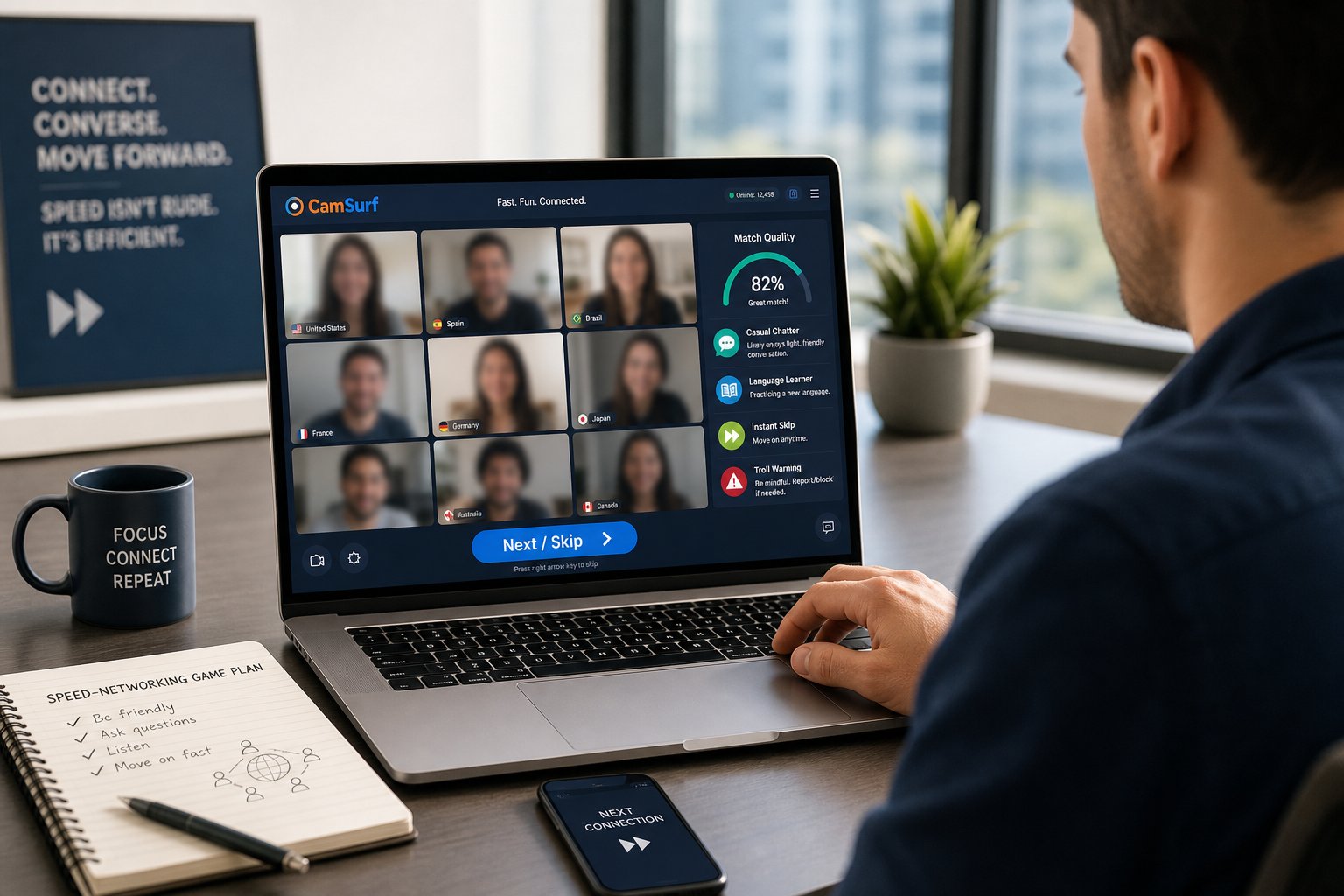 Professional reviewing random video chat matches on a laptop in a modern office.
