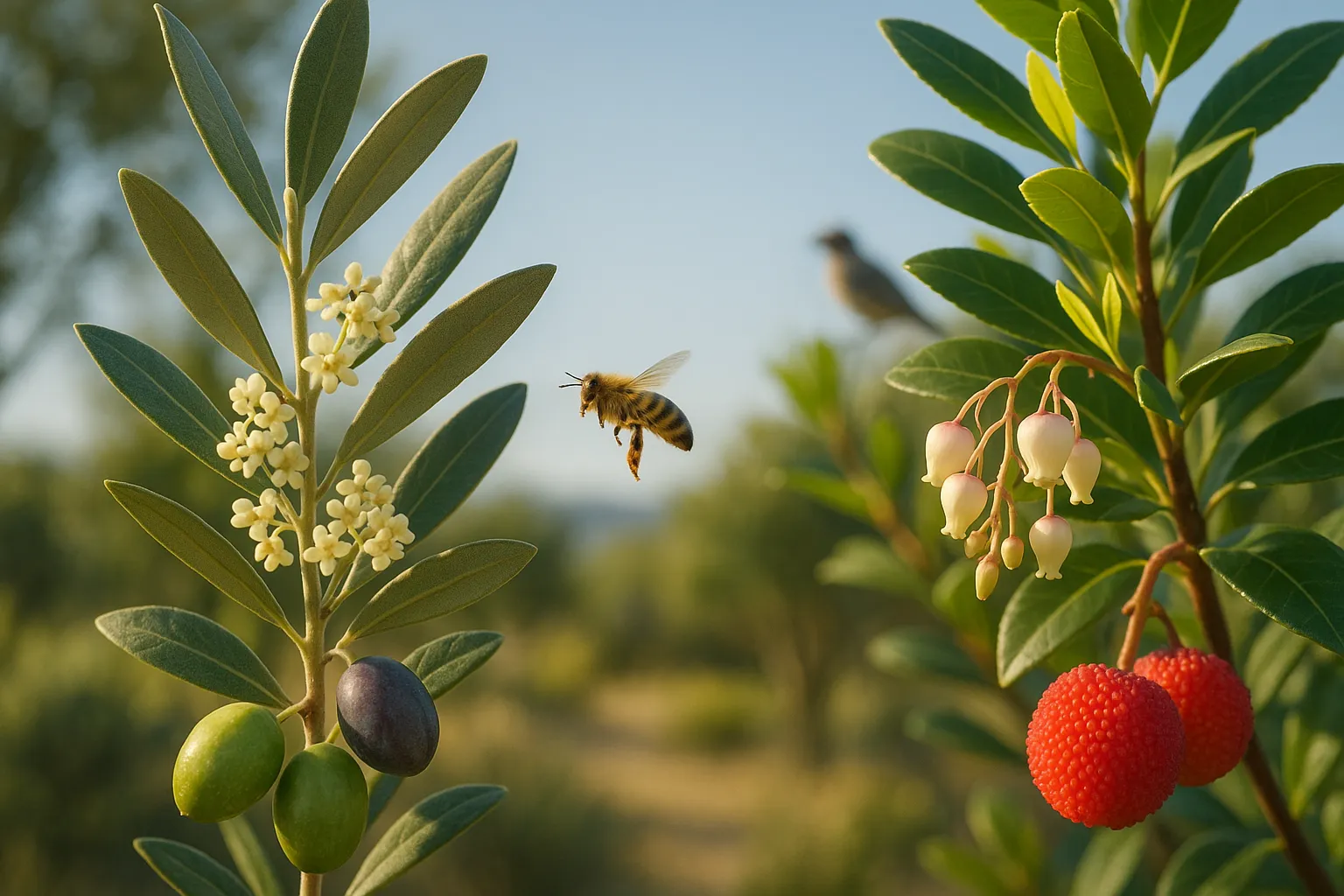 Close-up of olive branch with silvery leaves and arbutus branch with red fruit.