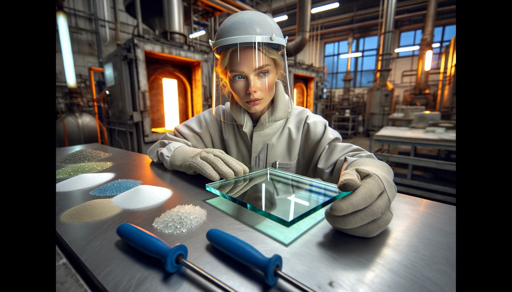 Norwegian technician inspecting clear glass sheet with furnace glowing behind.