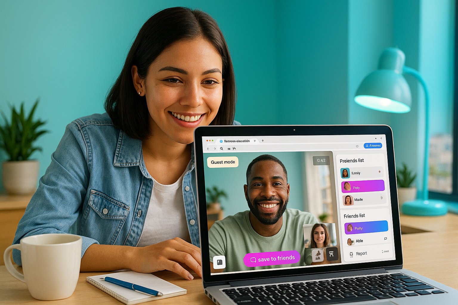 Young woman using laptop for a browser video chat with visible friend list and buttons.