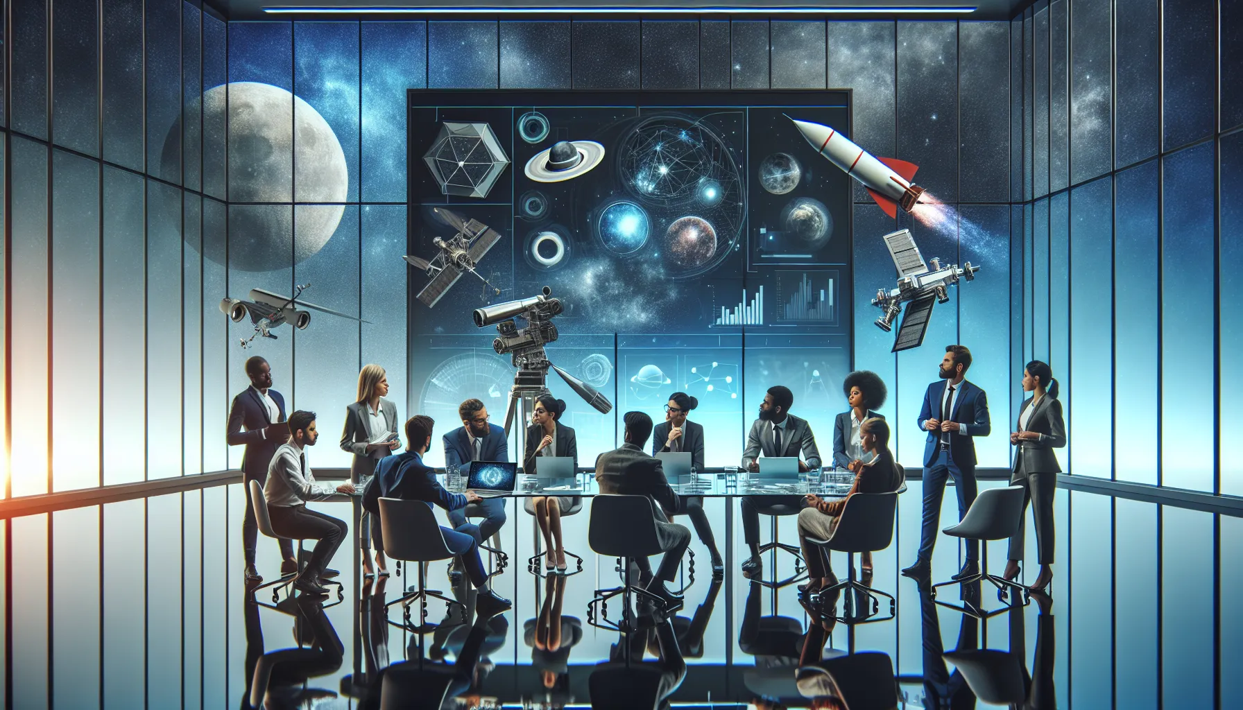 diverse team discussing space age technology in a modern office.