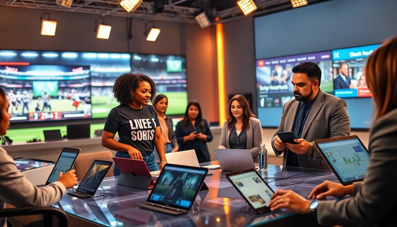 journalists collaborating in a modern newsroom on sports media coverage.